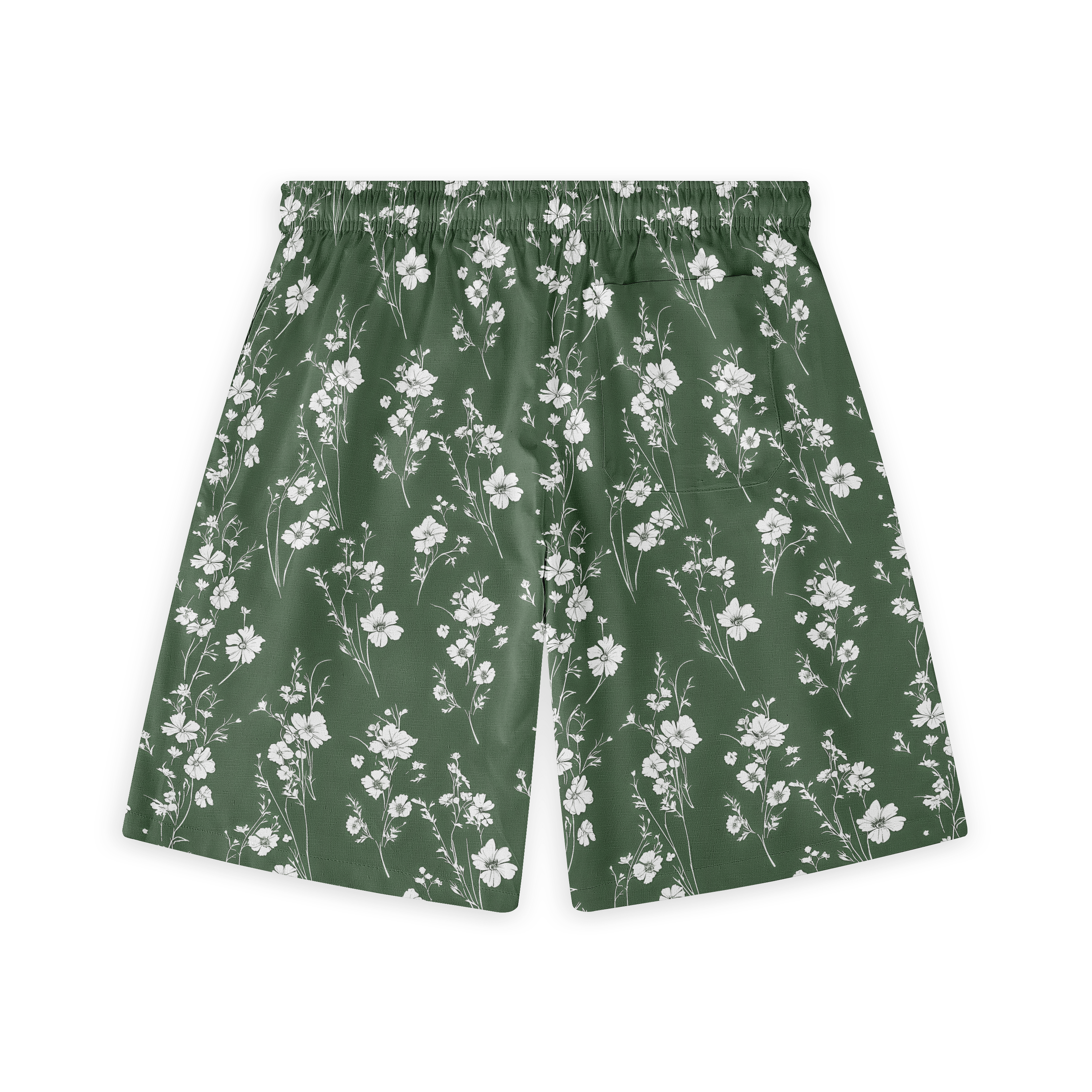 Close-up of a green short adorned with white flowers, evoking a tranquil and peaceful feel.