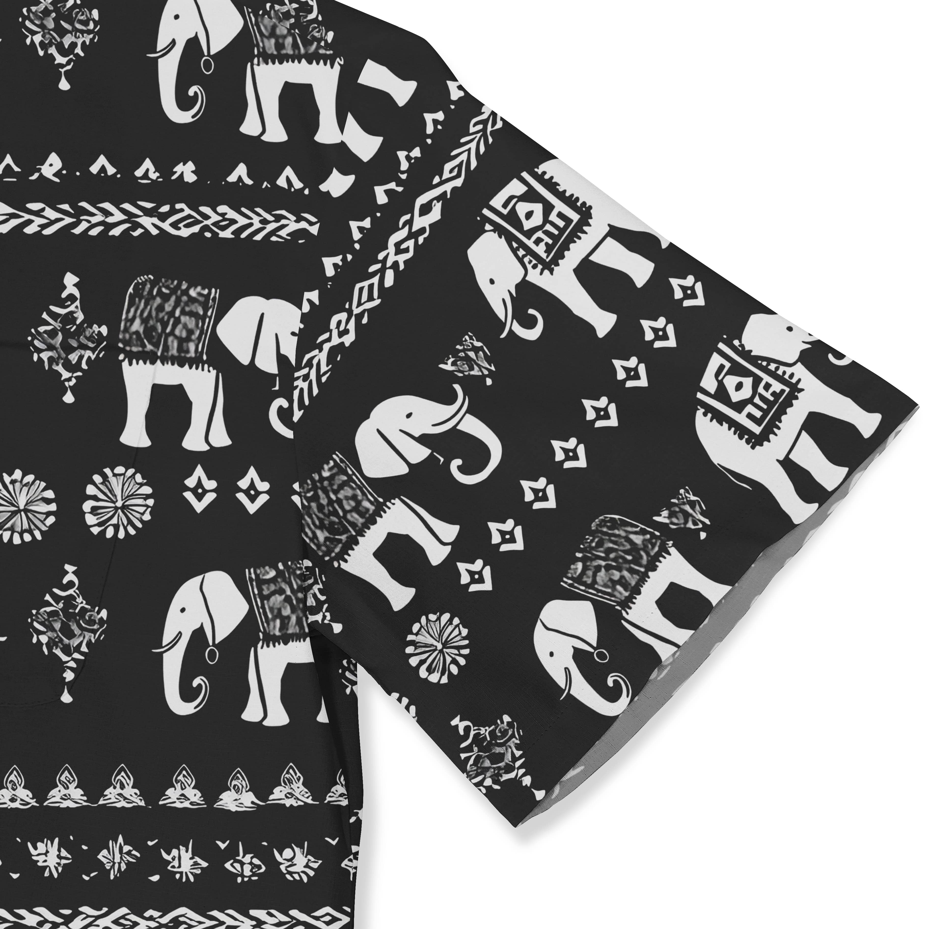 Black short-sleeve shirt with an intricate white elephant print.