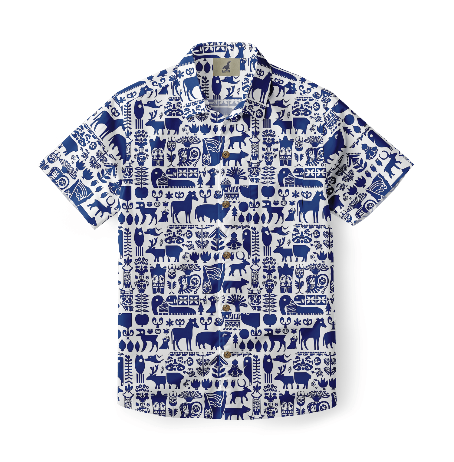 White short-sleeve shirt with blue intricate animal and plant.