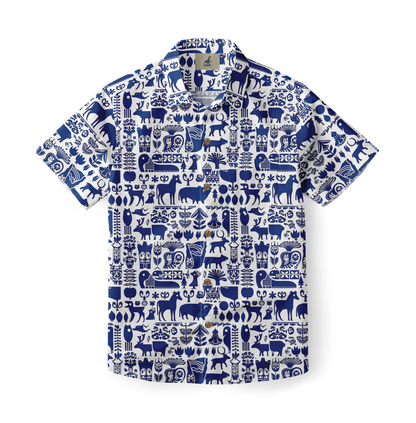 White short-sleeve shirt with blue intricate animal and plant.