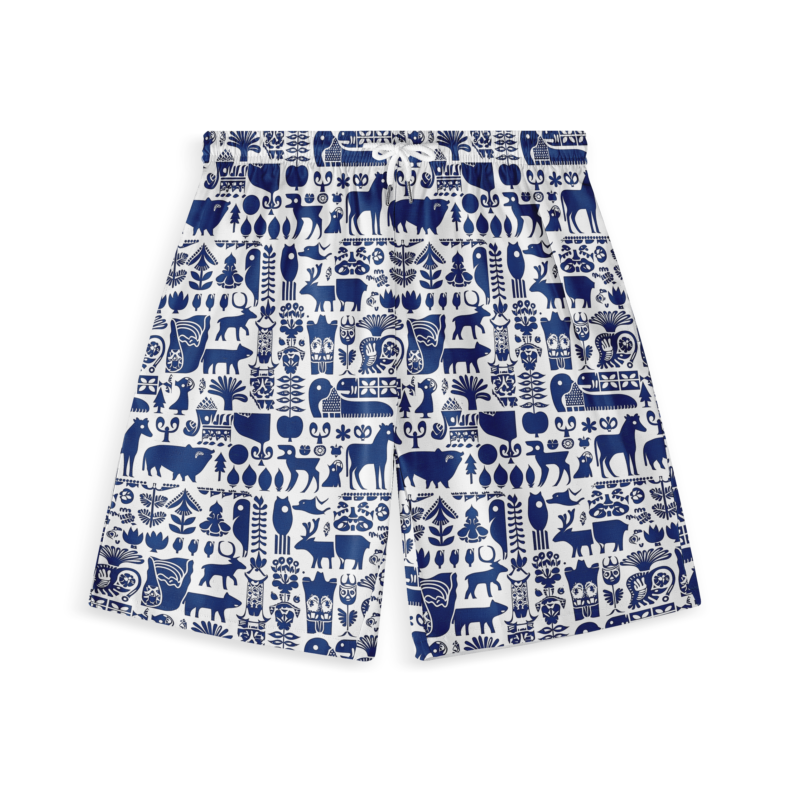 Blue and white short featuring intricate tribal animal and nature patterns.