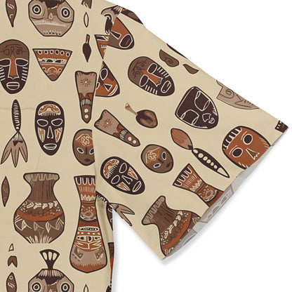 Close-up of tribal-inspired shirt design with ancient symbols.