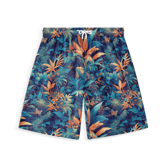 Blue shorts with orange and green tropical leaf print.