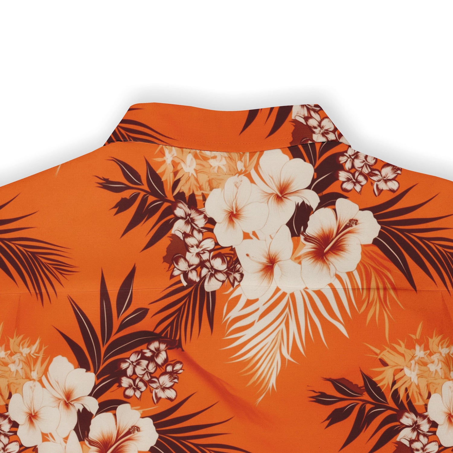 Tropical flower pattern on an orange short-sleeve shirt.