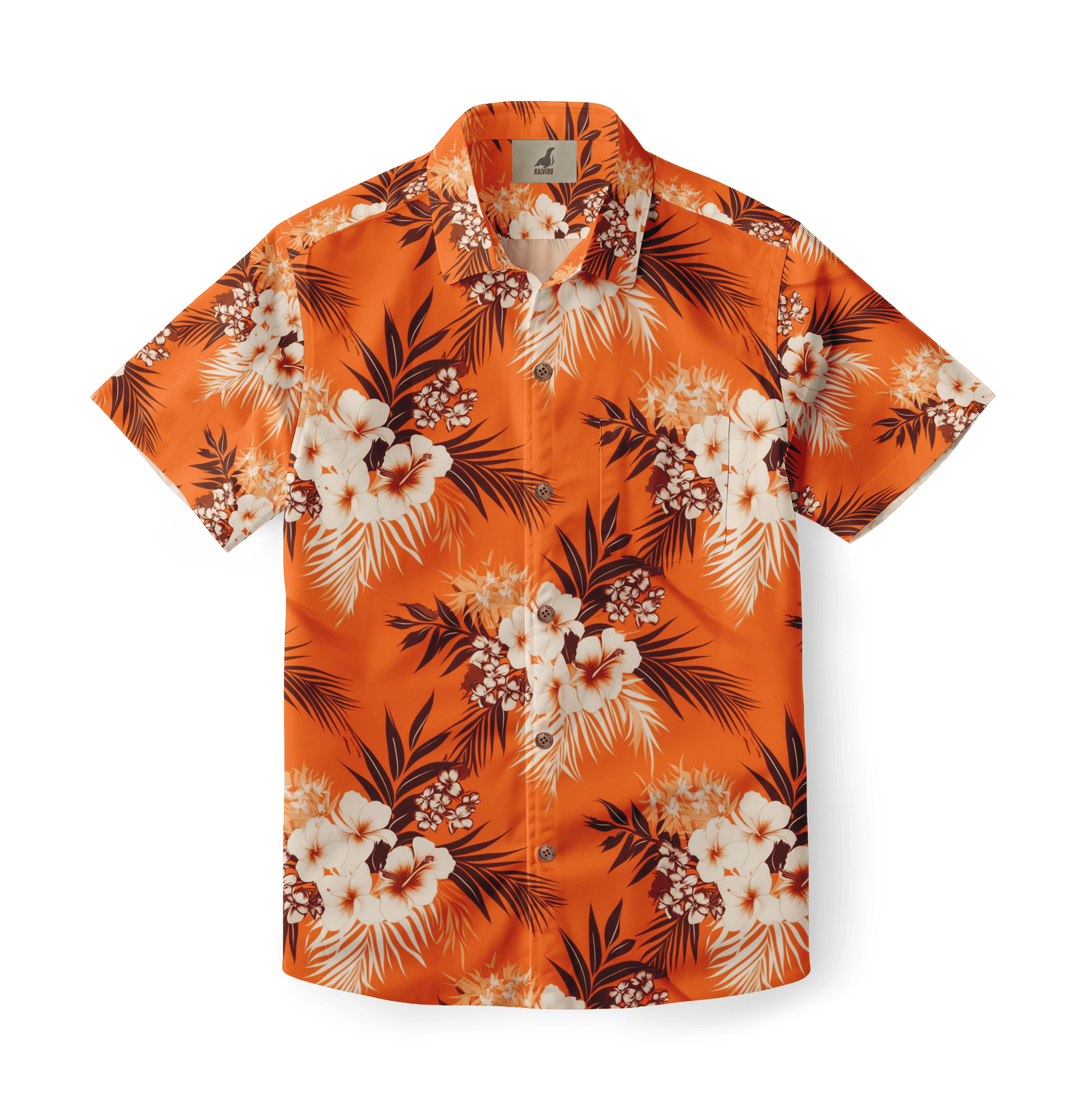 A vibrant orange Hawaiian shirt with tropical flowers.