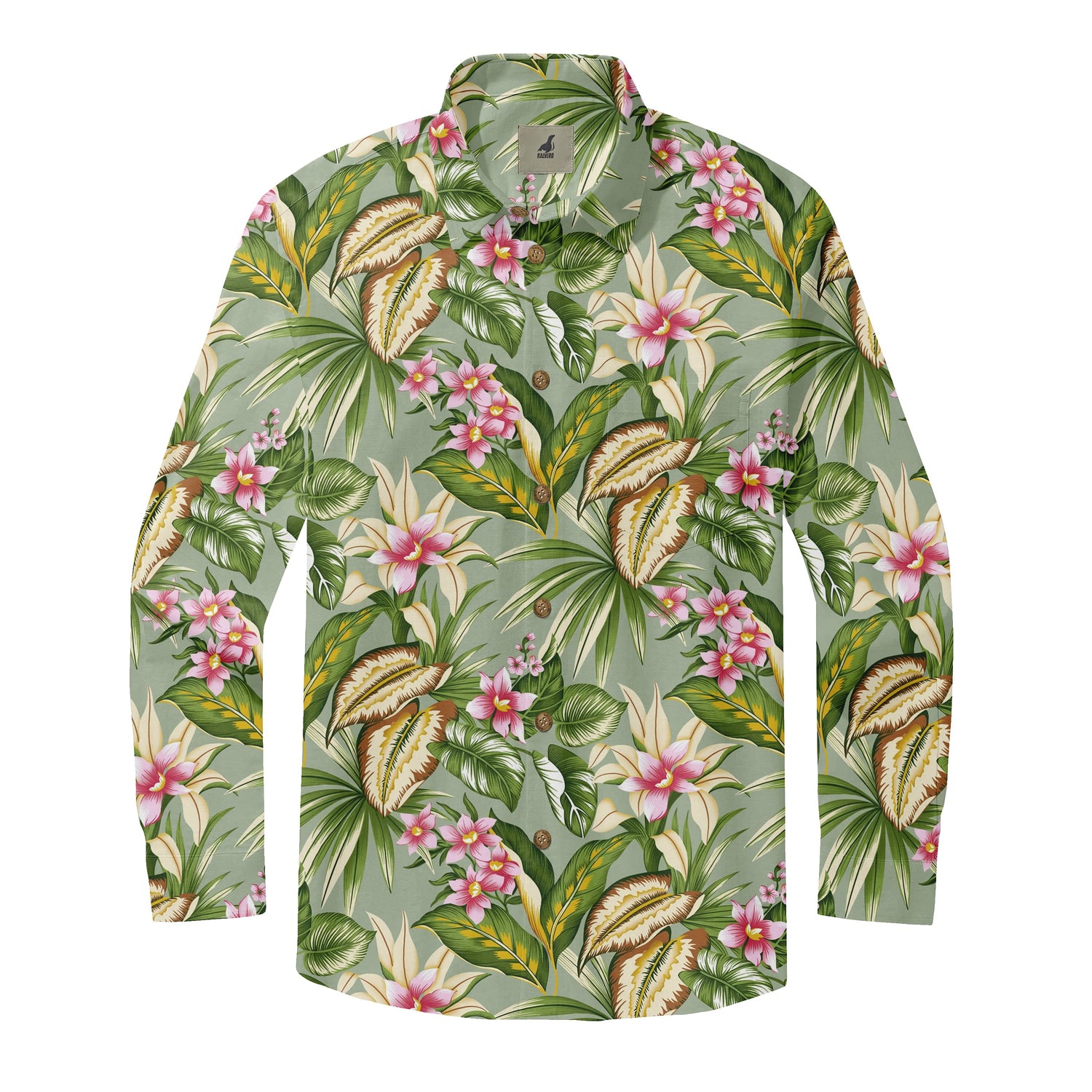 Light Green Tropical Floral Long Sleeve Hawaiian Shirt