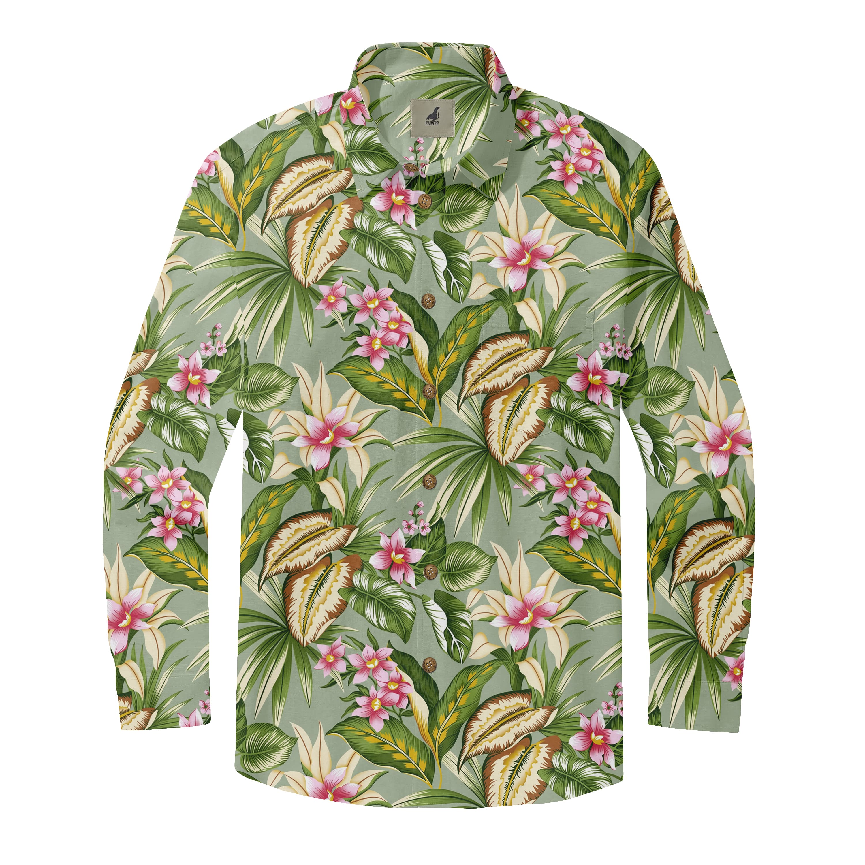 Light Green Tropical Floral Long Sleeve Hawaiian Shirt