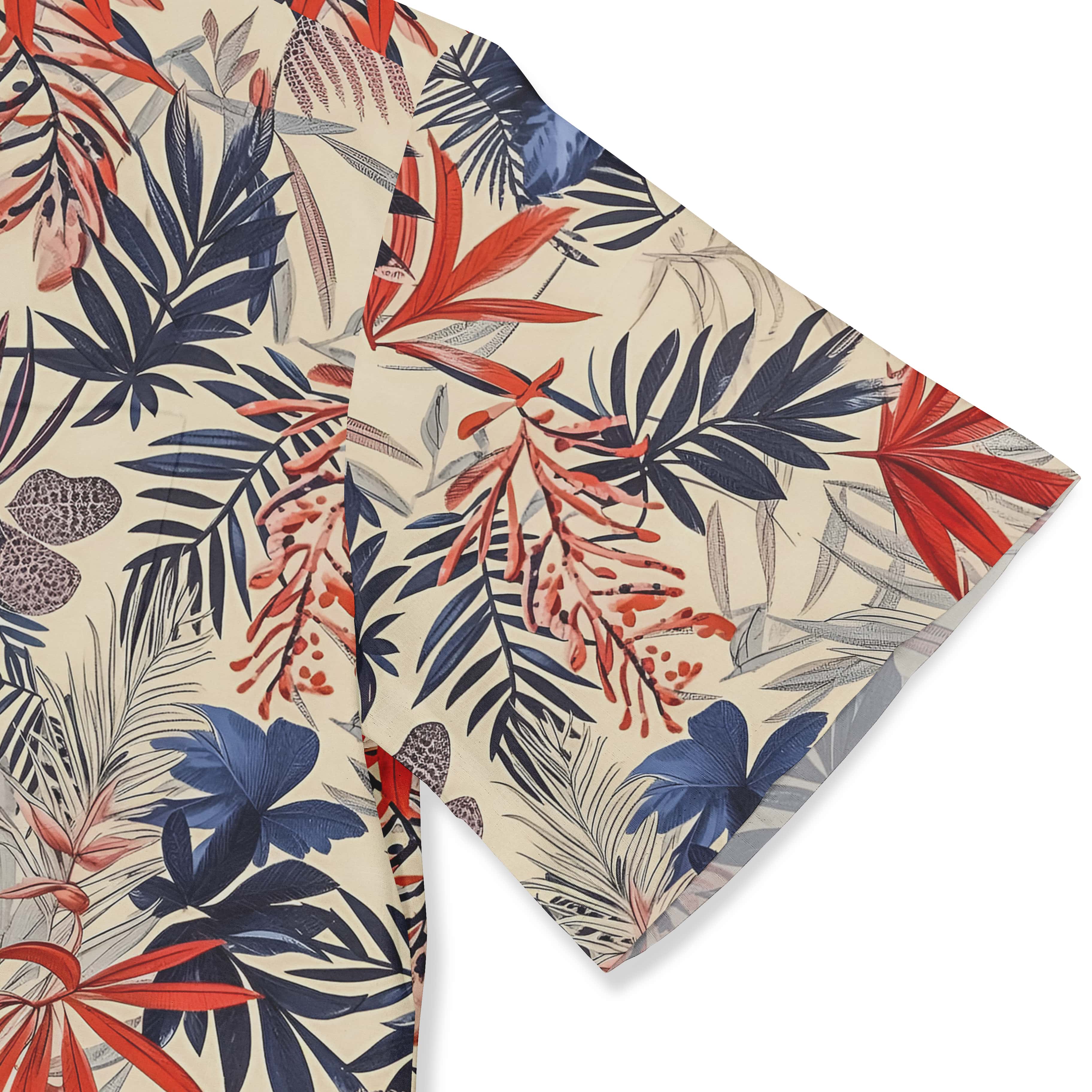 Tropical-inspired shirt with lush plant design.