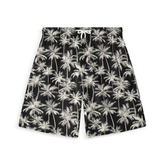 Black short with a detailed white palm tree pattern, evoking tropical tranquility.