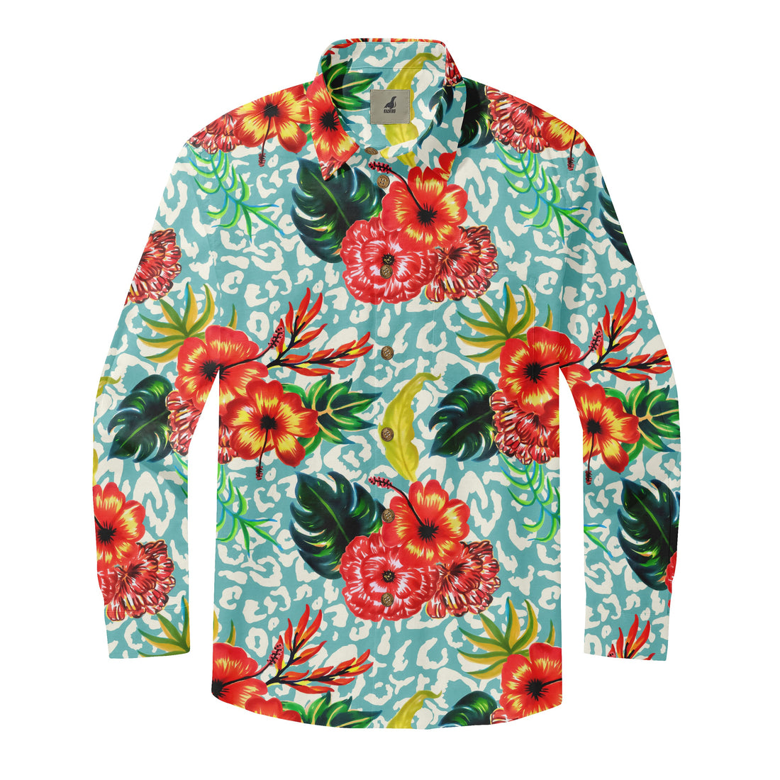 Teal Tropical Floral Long Sleeve Hawaiian Shirt