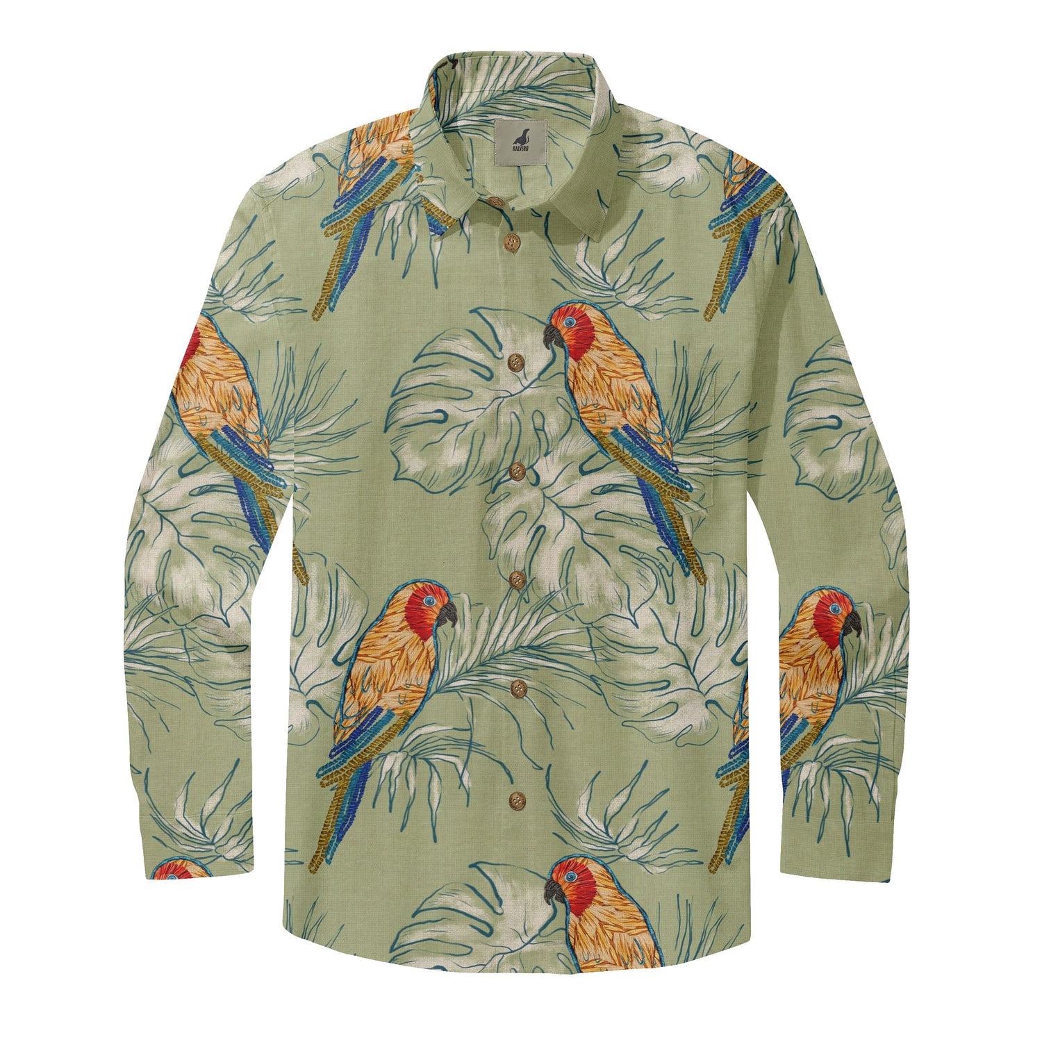 Olive Green Parrot Long Sleeve Hawaiian Shirt