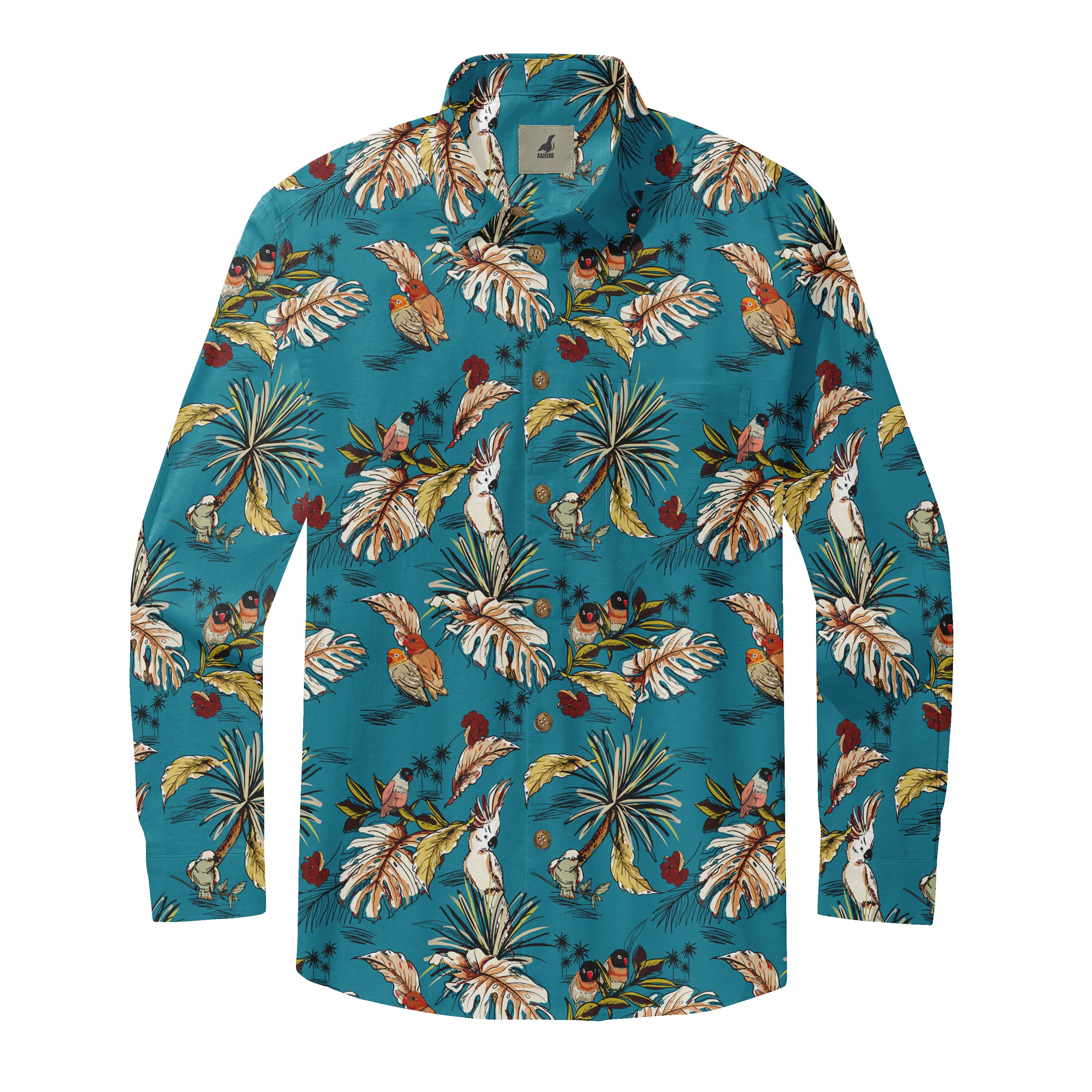 Teal Tropical Birds Long Sleeve Hawaiian Shirt