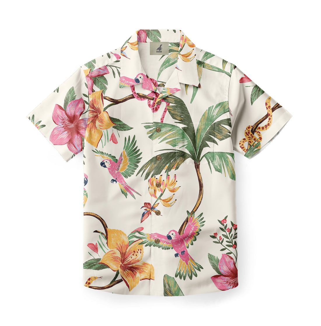 White shirt with colorful parrots, flowers, and palm trees.