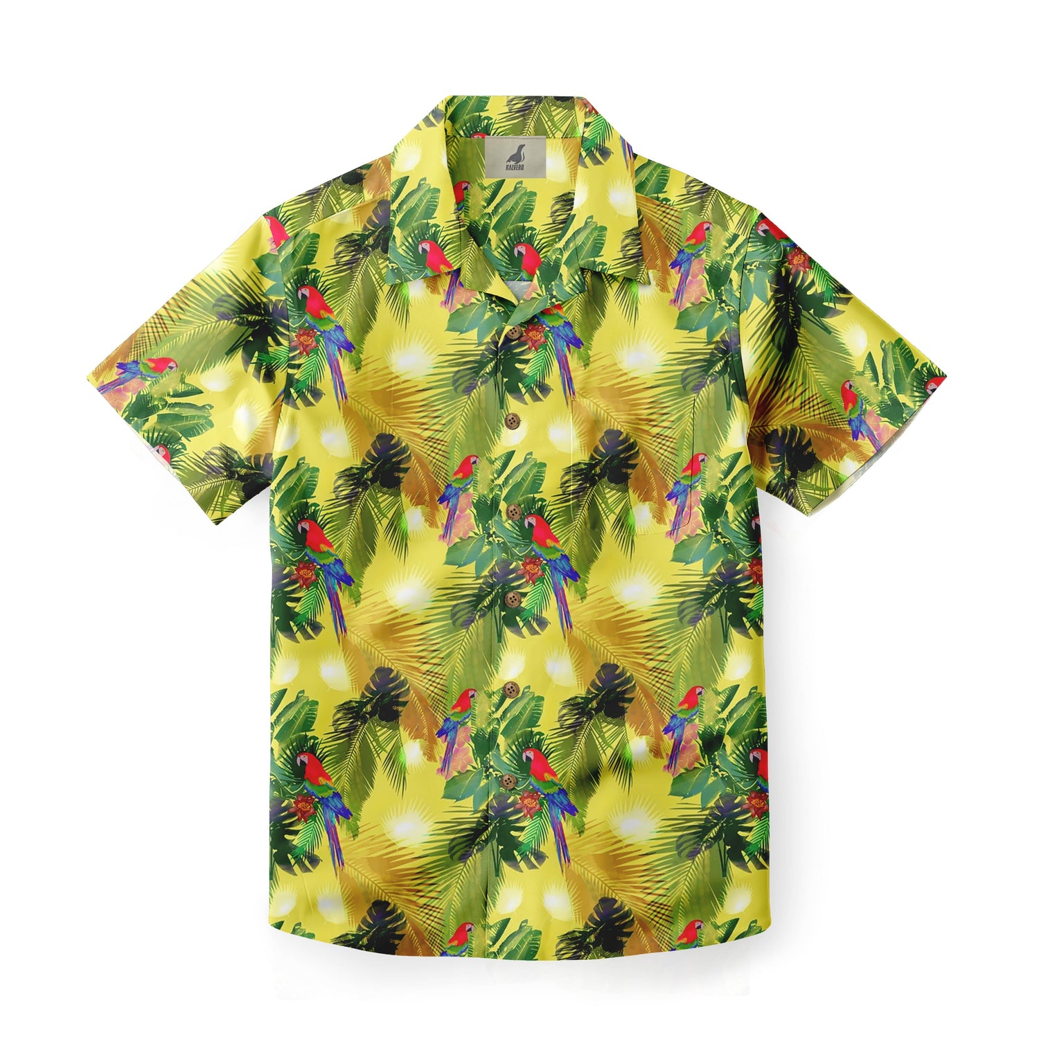 Yellow shirt with parrots and palm leaves pattern.