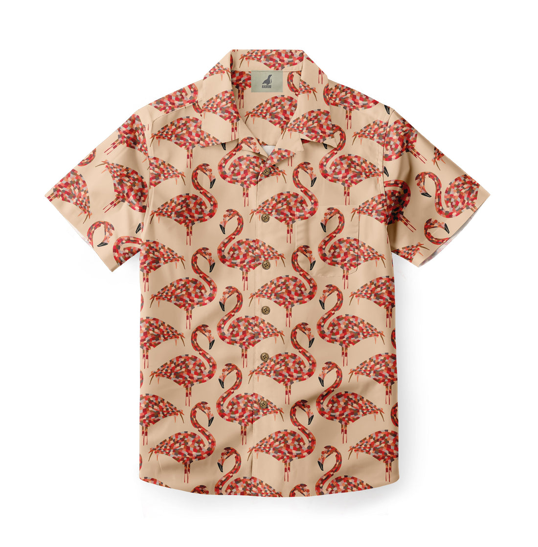 Beige short-sleeve shirt with red mosaic flamingo pattern.