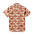 Beige short-sleeve shirt with red mosaic flamingo pattern.