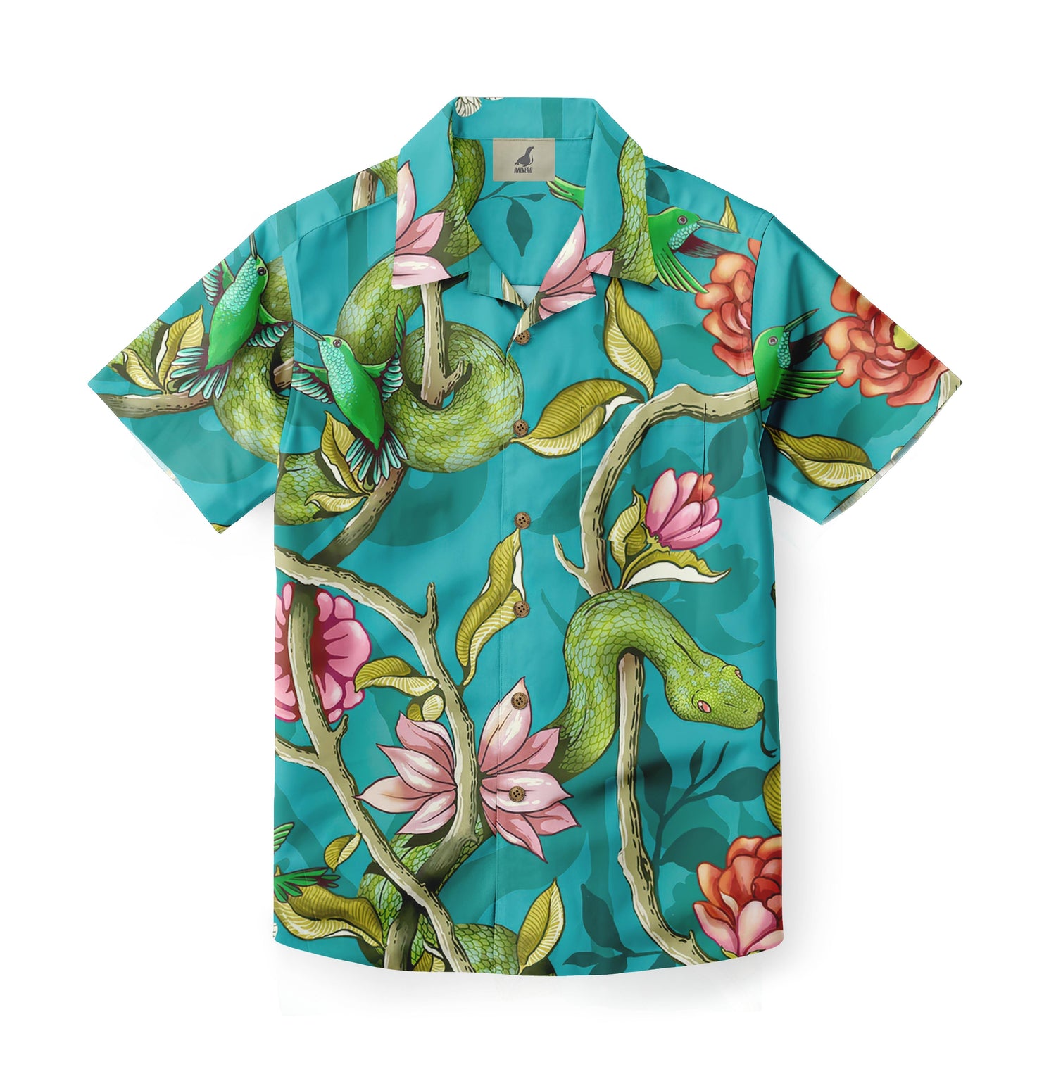 Teal shirt with green snakes, birds, and pink flowers design.