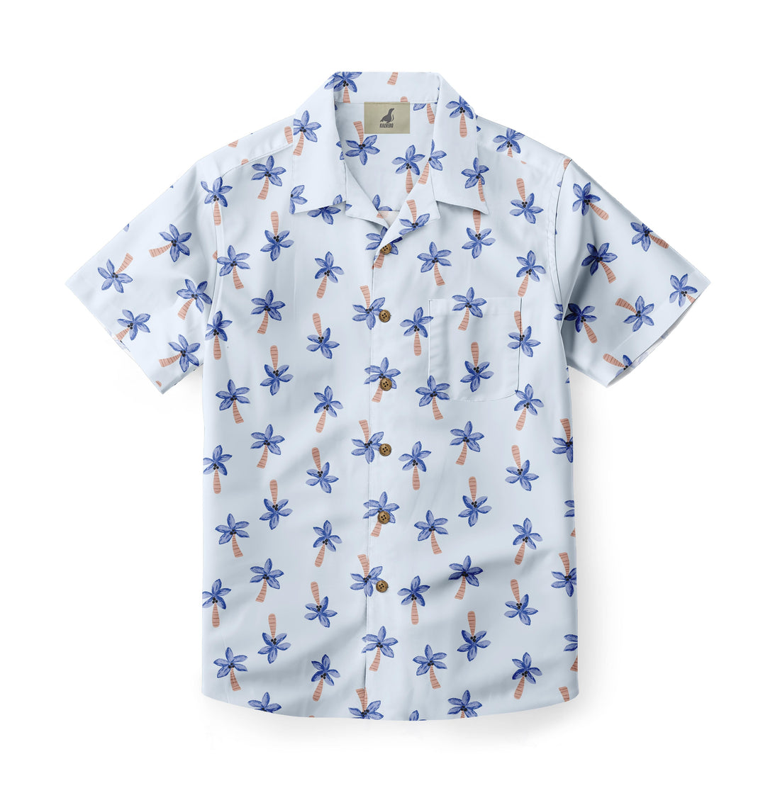 Light blue shirt with palm tree print and chest pocket.