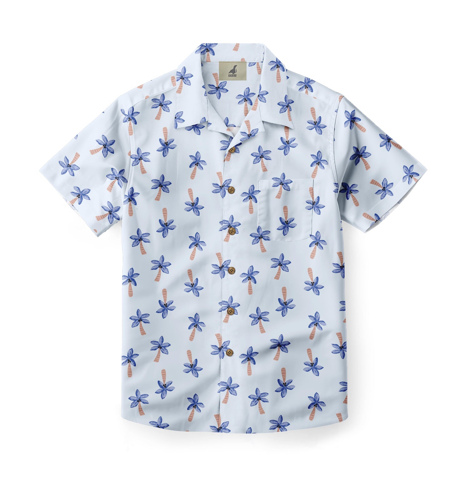 Light blue shirt with palm tree print and chest pocket.