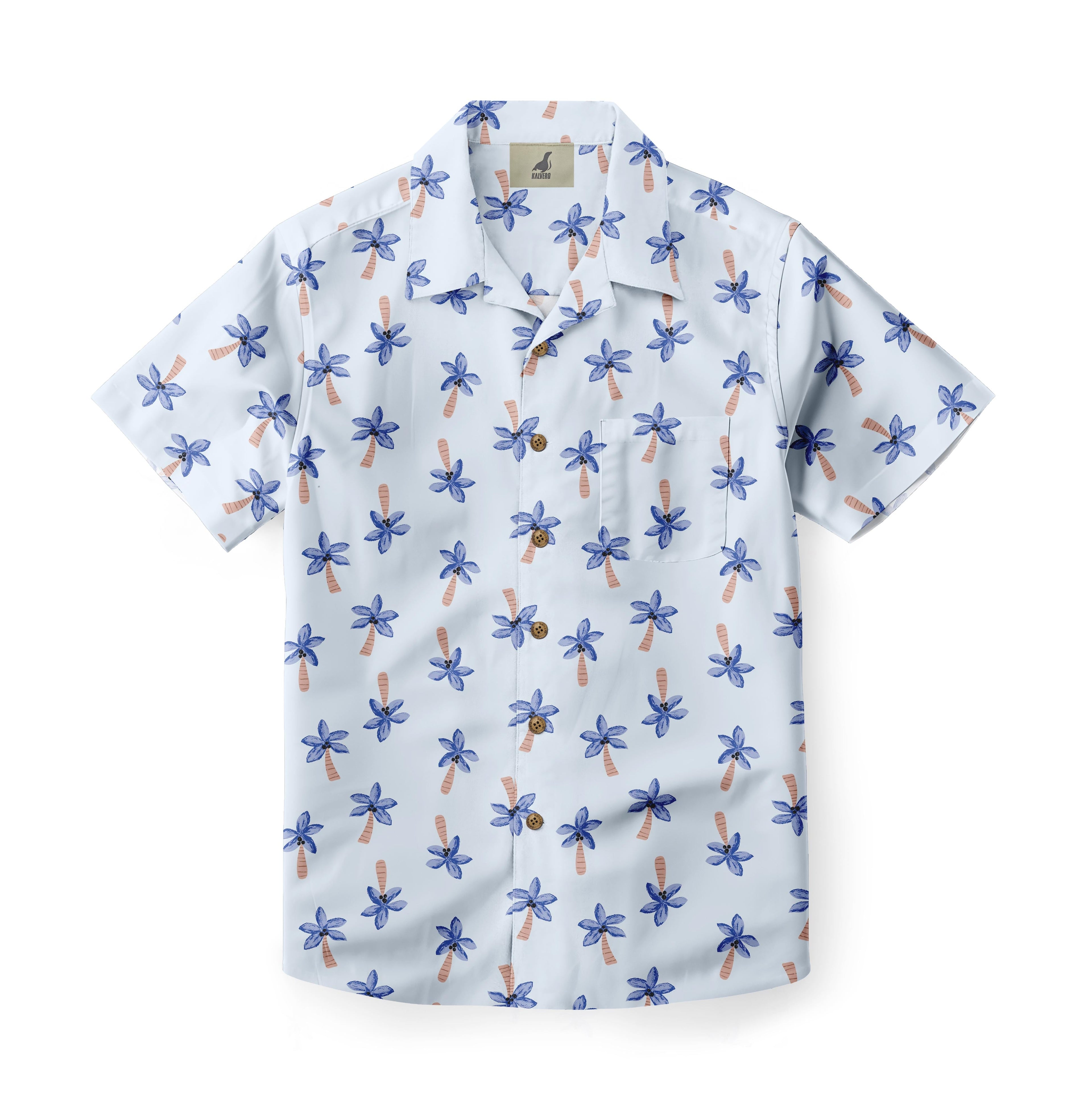 Light blue shirt with palm tree print and chest pocket.