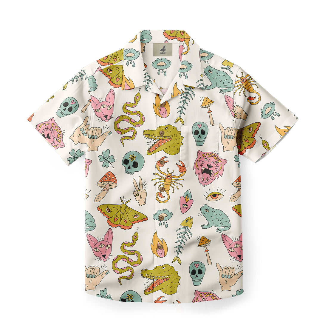 White shirt with colorful cats, skulls, frogs, and mushrooms pattern.