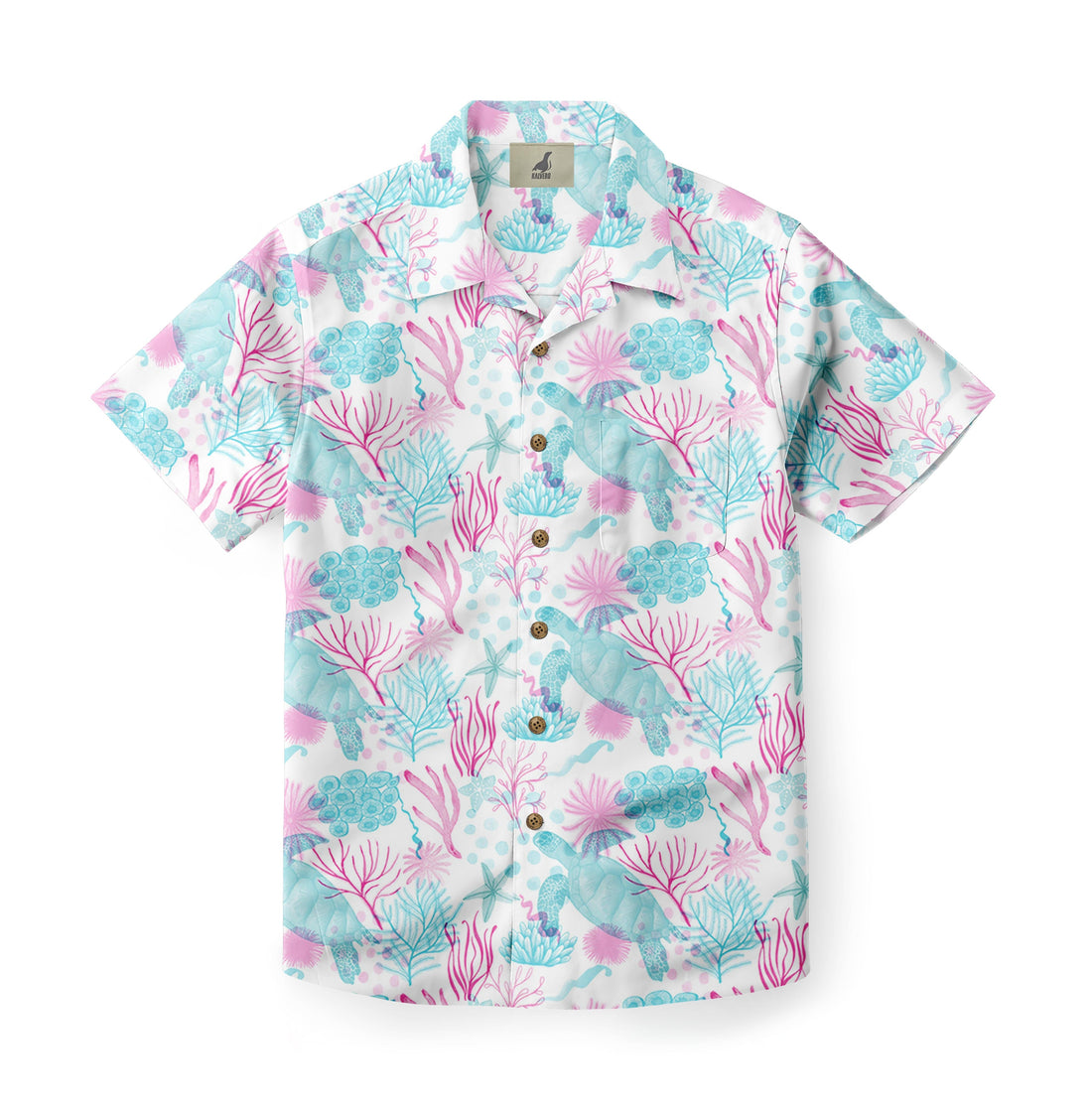 White shirt with blue and pink sea life pattern.