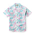 White shirt with blue and pink sea life pattern.