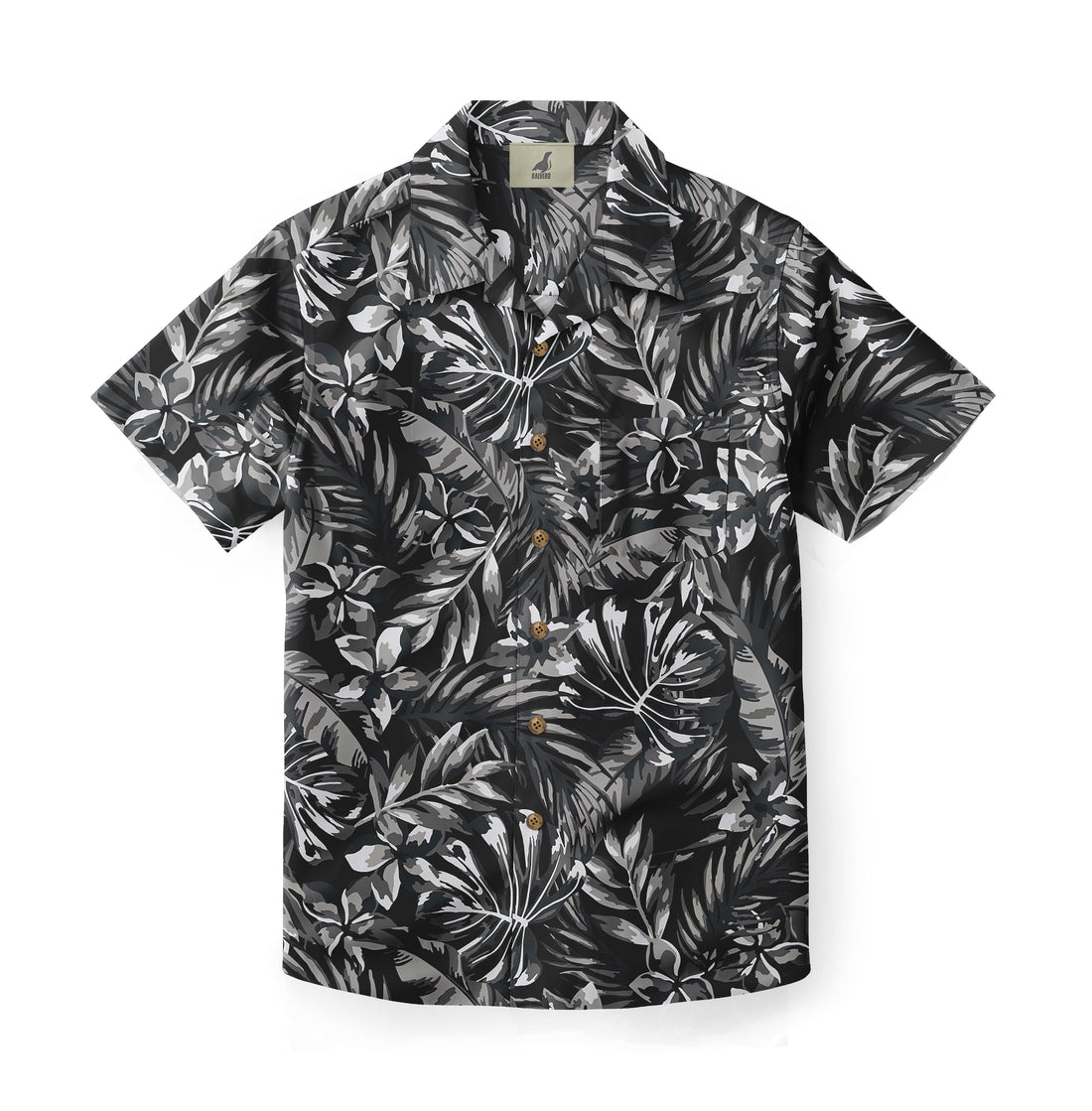 Black short-sleeve shirt with gray tropical leaf pattern.