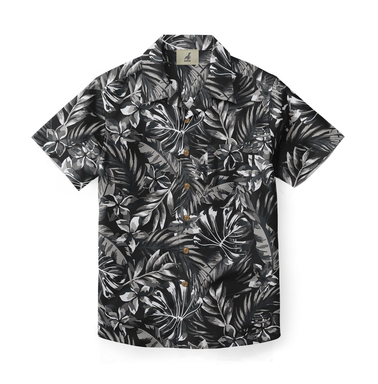 Black short-sleeve shirt with gray tropical leaf pattern.