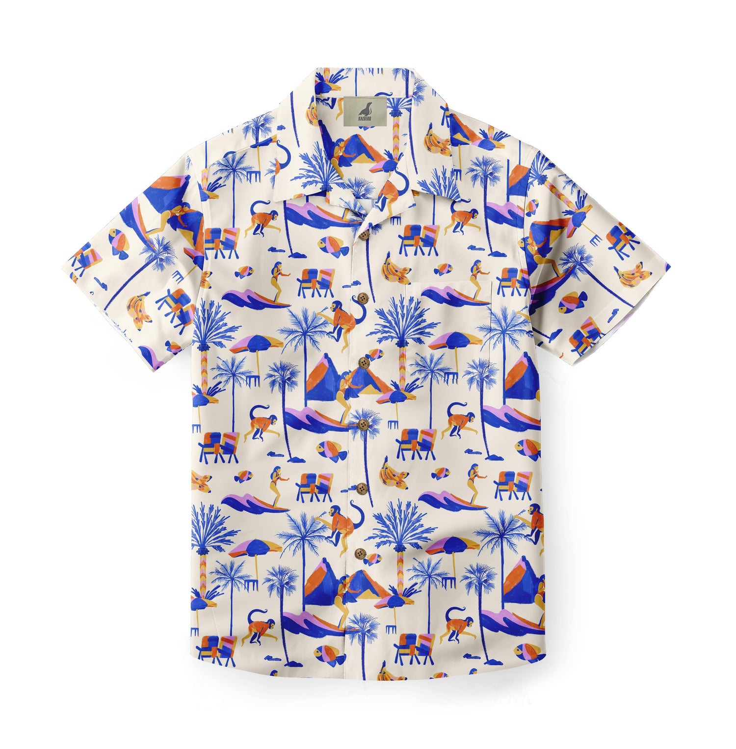 Colorful tropical print shirt with palm trees, monkeys, and surfers.