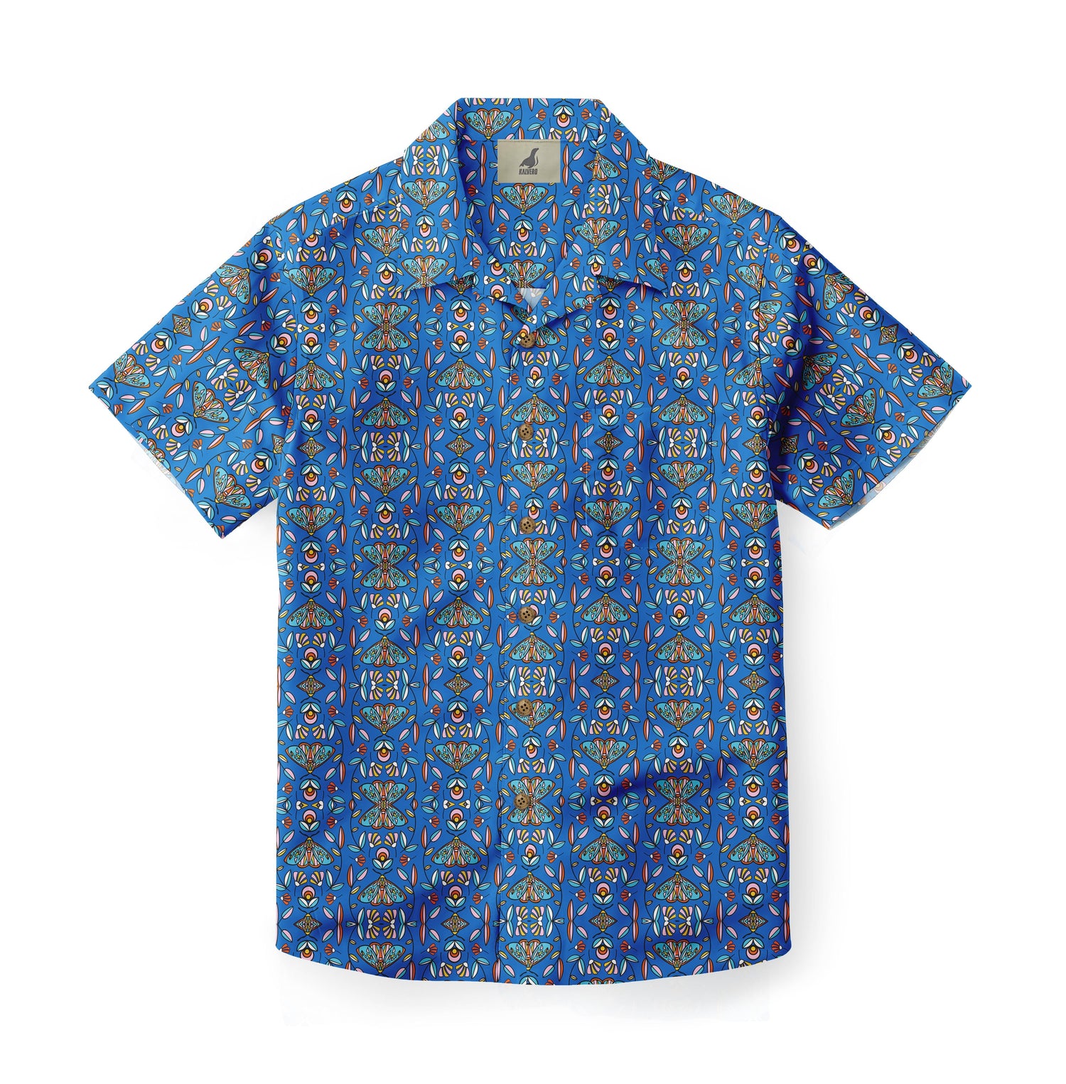 Blue short-sleeve shirt with colorful geometric patterns.