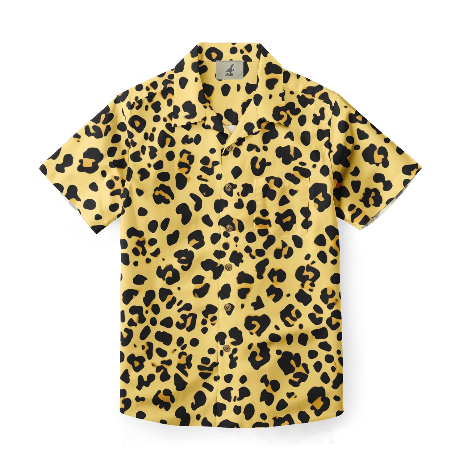 Yellow leopard print short-sleeve shirt with chest pocket.