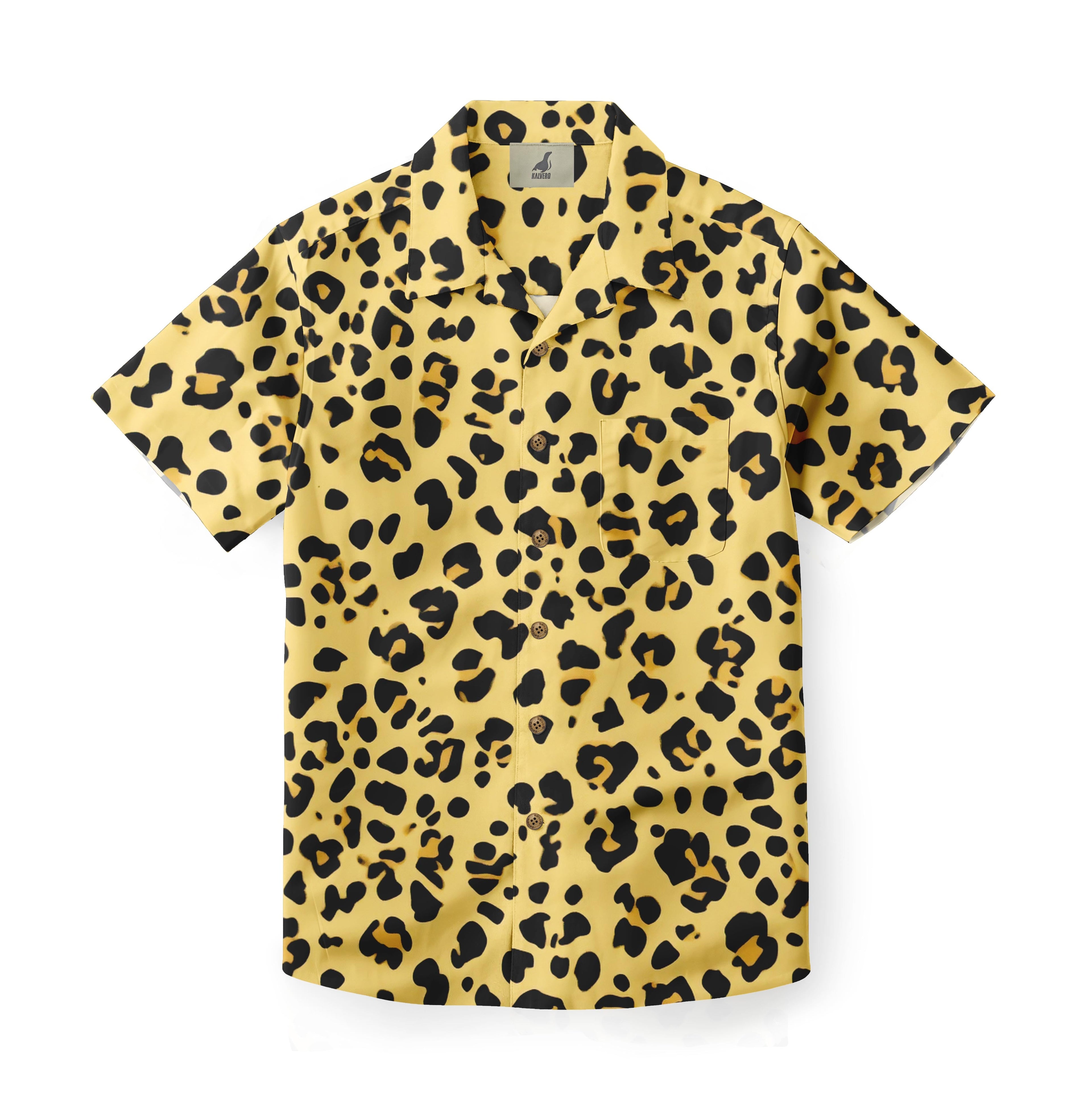 Yellow leopard print short-sleeve shirt with chest pocket.