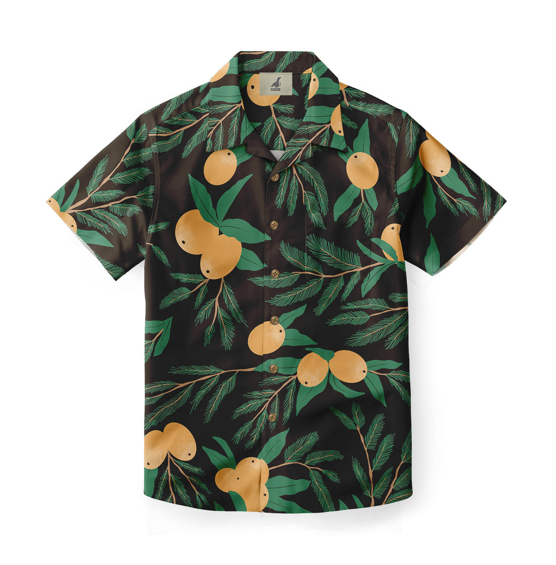 Black shirt with orange fruits and green leaves pattern.