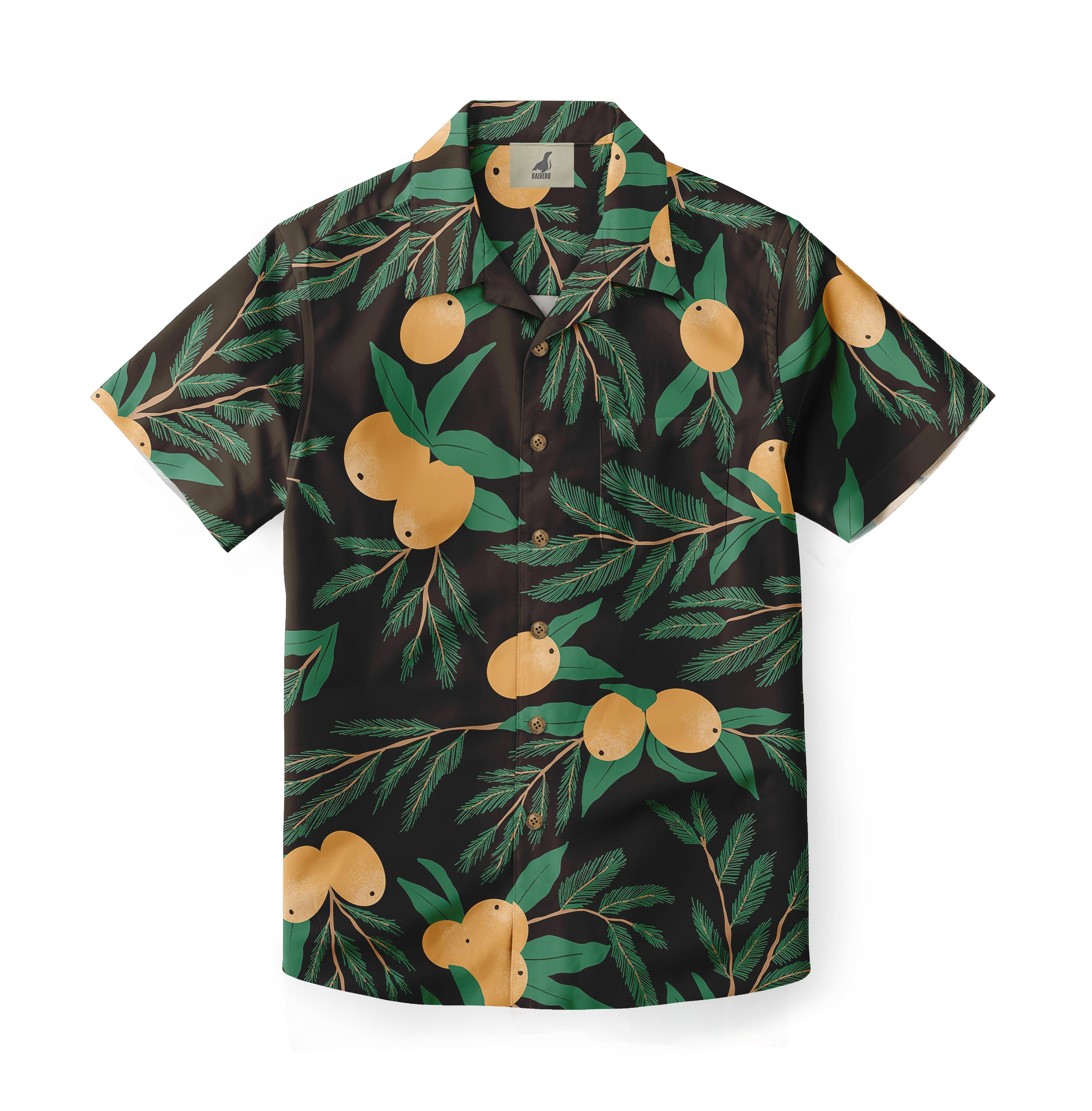 Black shirt with orange fruits and green leaves pattern.