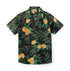 Black shirt with orange fruits and green leaves pattern.