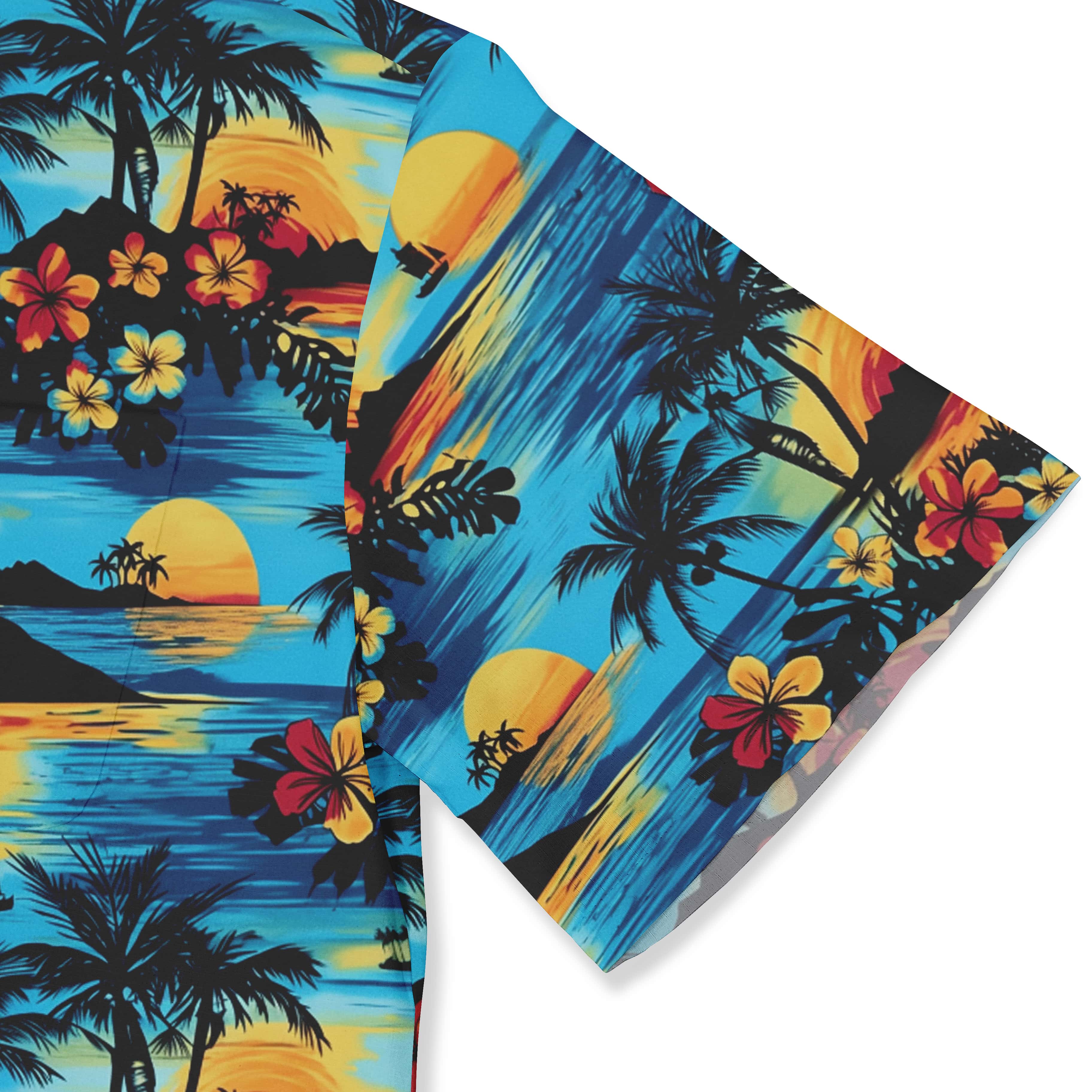 Bright orange, yellow, and blue tropical shirt.