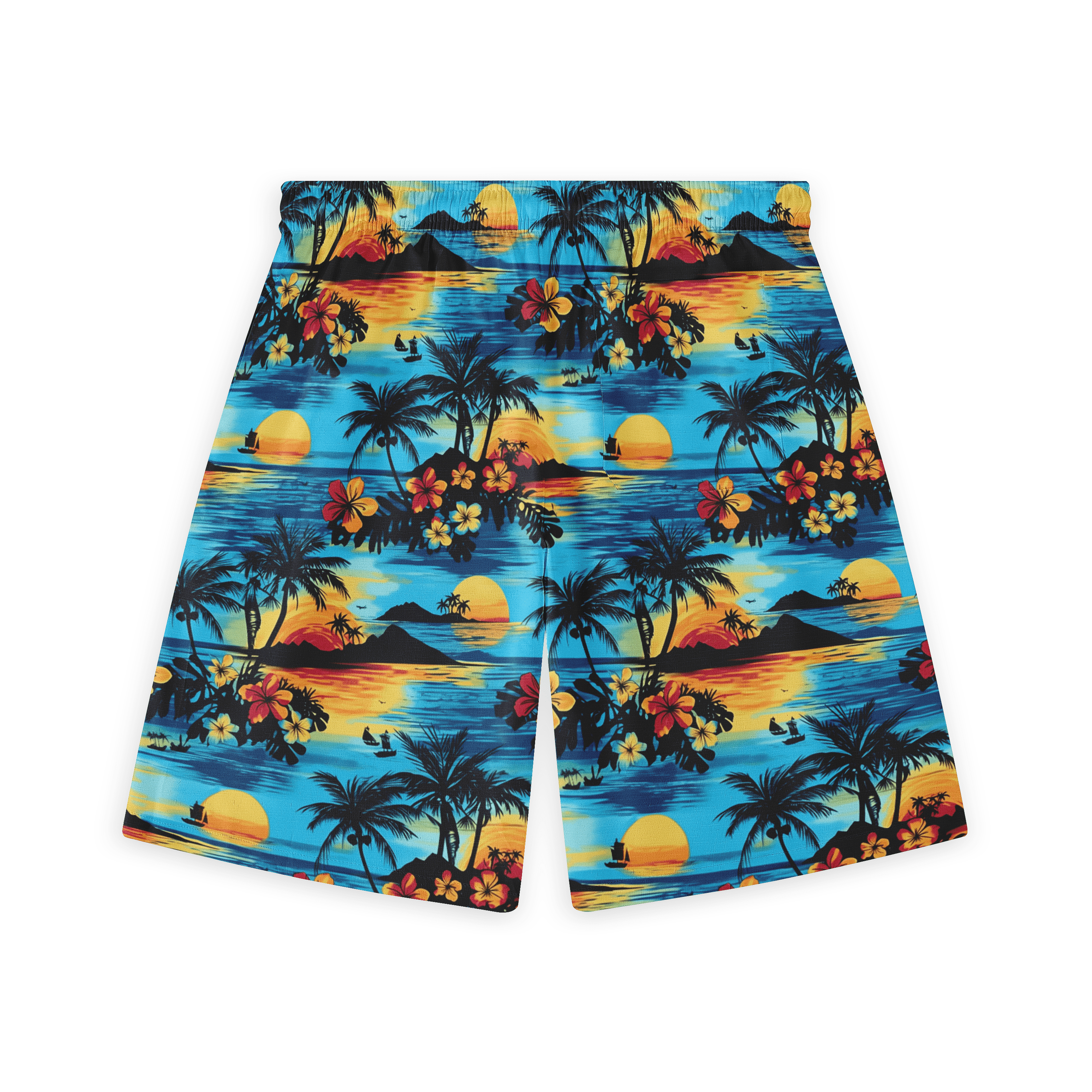 Sunset-themed Hawaiian short featuring palm trees and flowers.