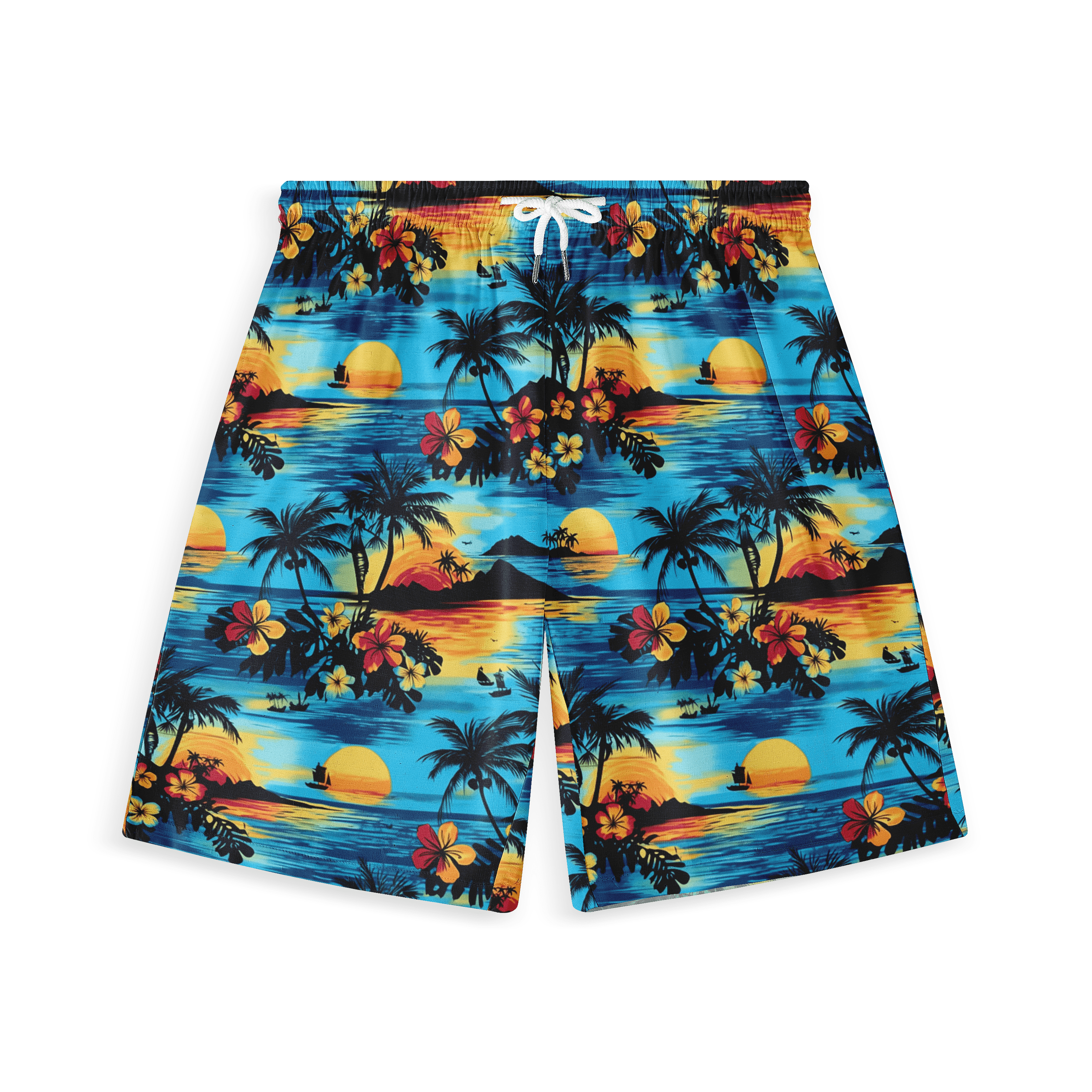 Hawaiian short with a vibrant tropical sunset design.