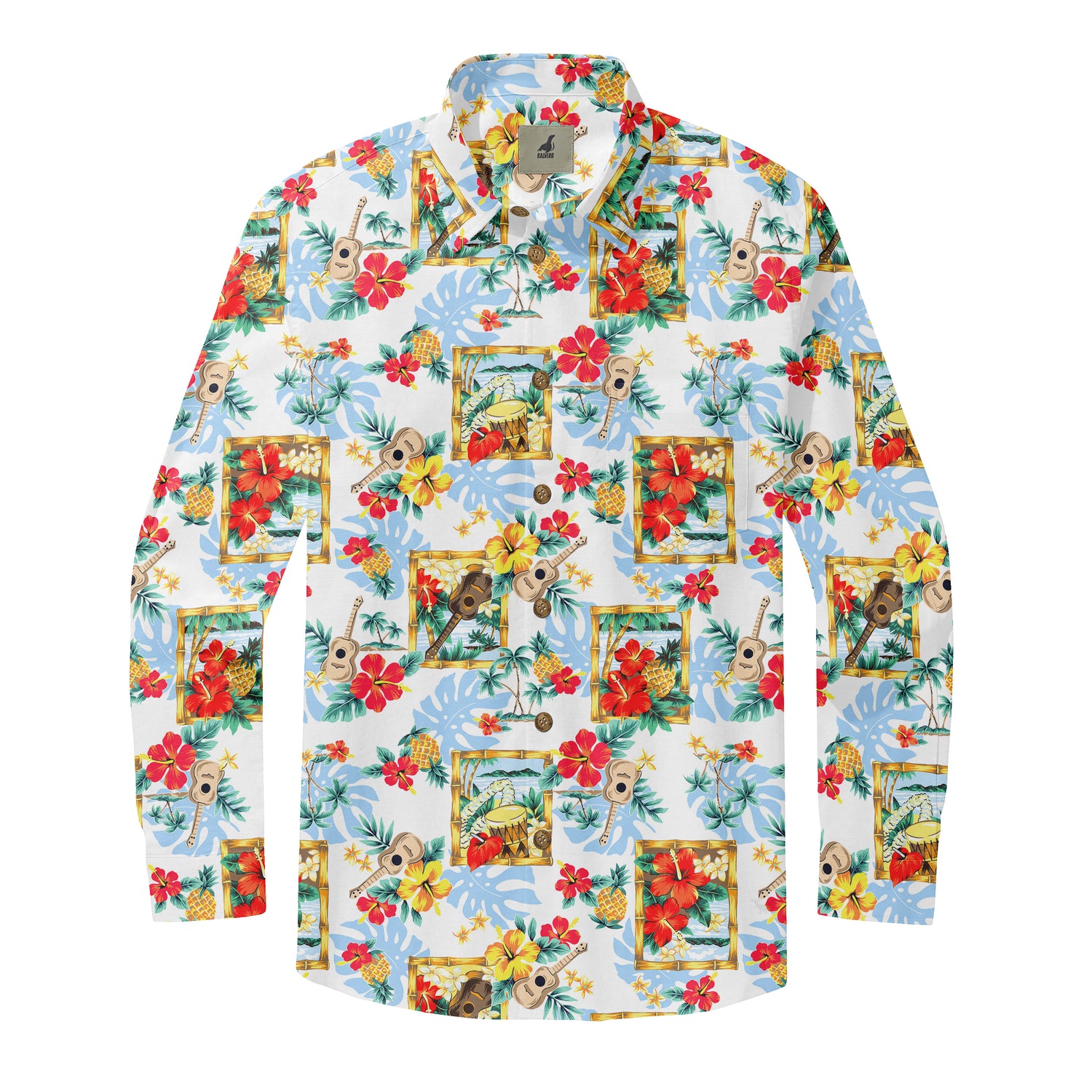 White Tropical Musical Long Sleeve Hawaiian Shirt