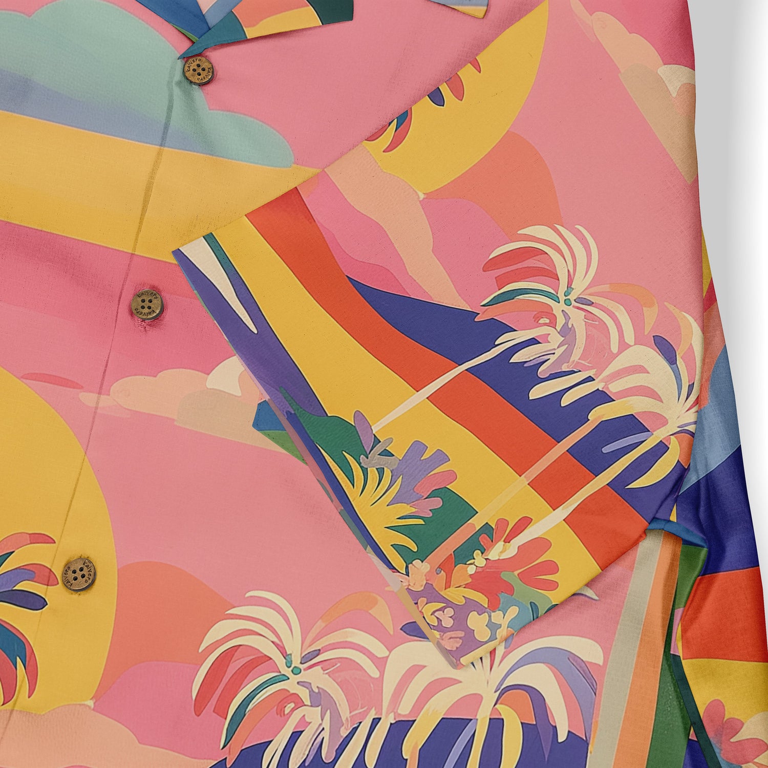 Bright, colorful tropical paradise themed shirt with palm trees.