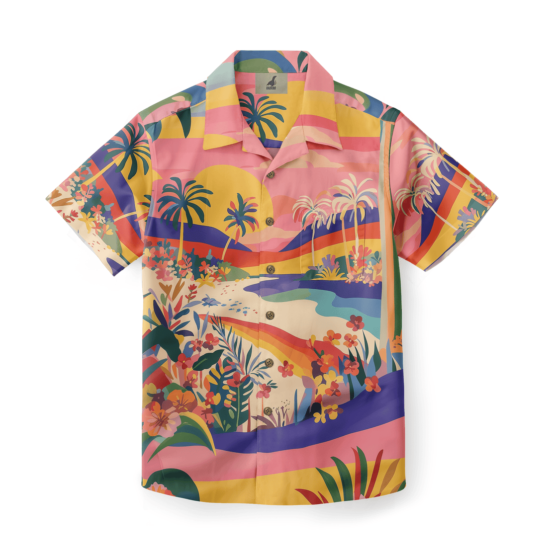 Vibrant tropical print shirt with palm trees and flowers.