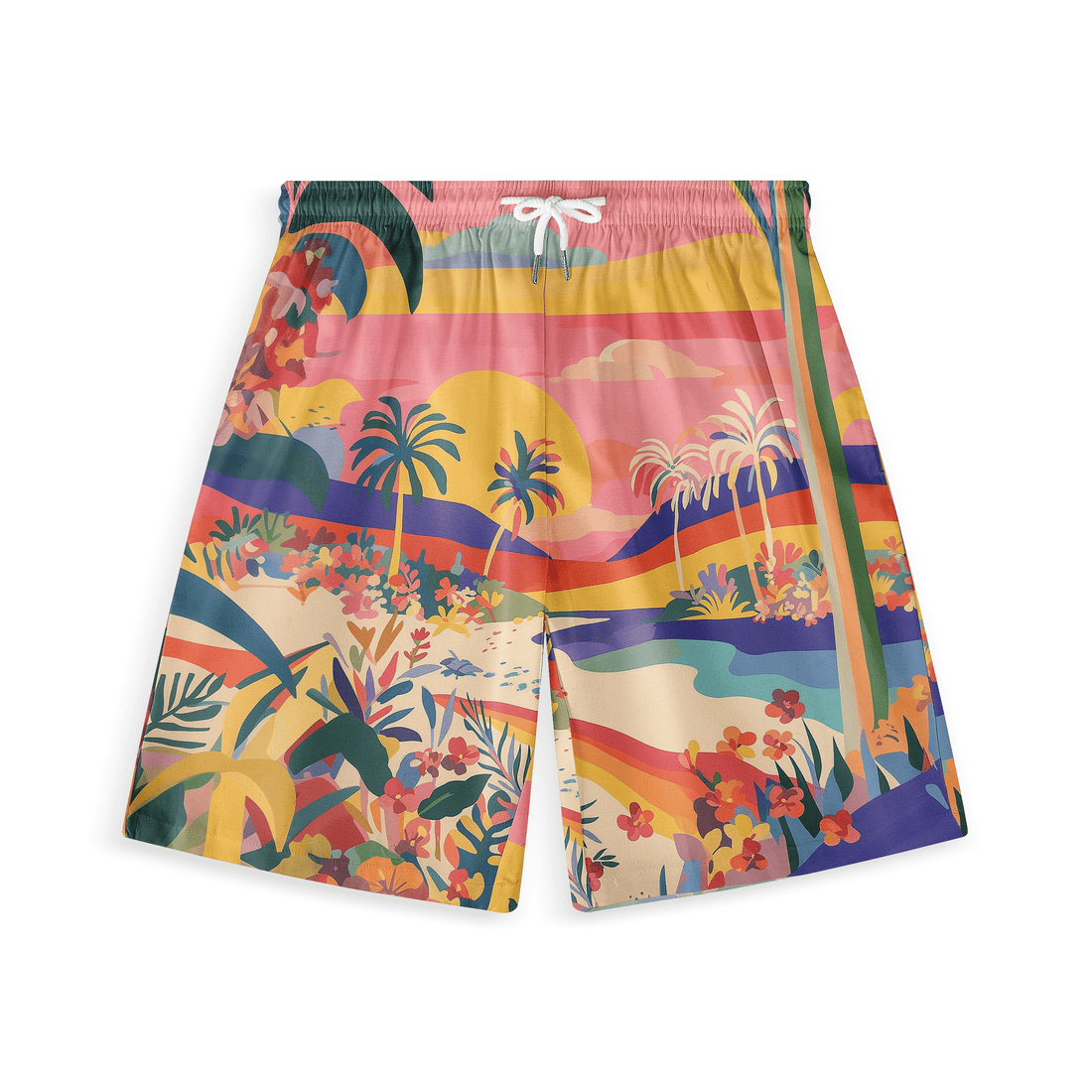 Colorful tropical print shorts with palm trees and flowers.