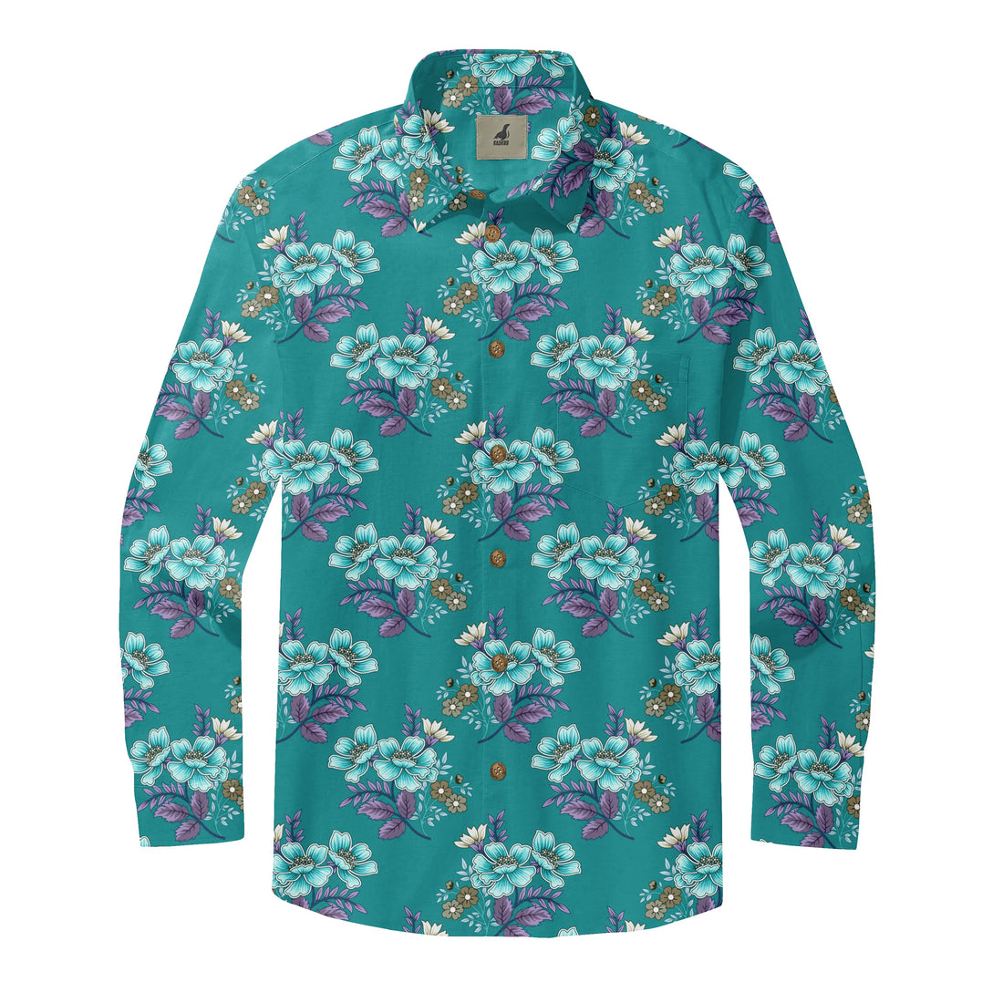 Teal Tropical Floral Long Sleeve Hawaiian Shirt