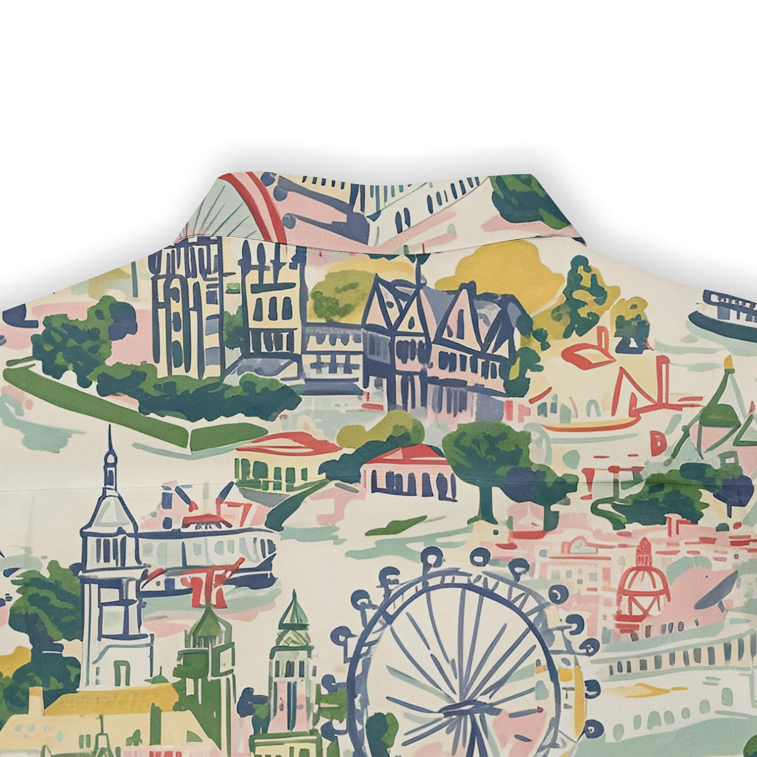 Colorful cityscape print shirt with Ferris wheel and buildings.