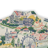 Colorful cityscape print shirt with Ferris wheel and buildings.