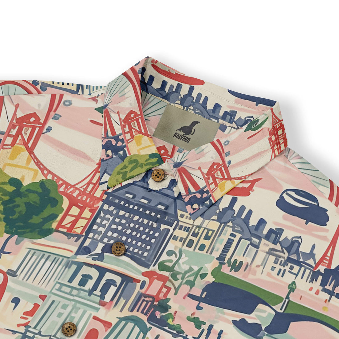 Colorful cityscape print shirt with buttons and logo tag.