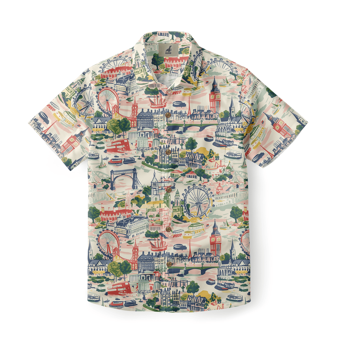 Colorful London-themed short-sleeve shirt with city landmarks.