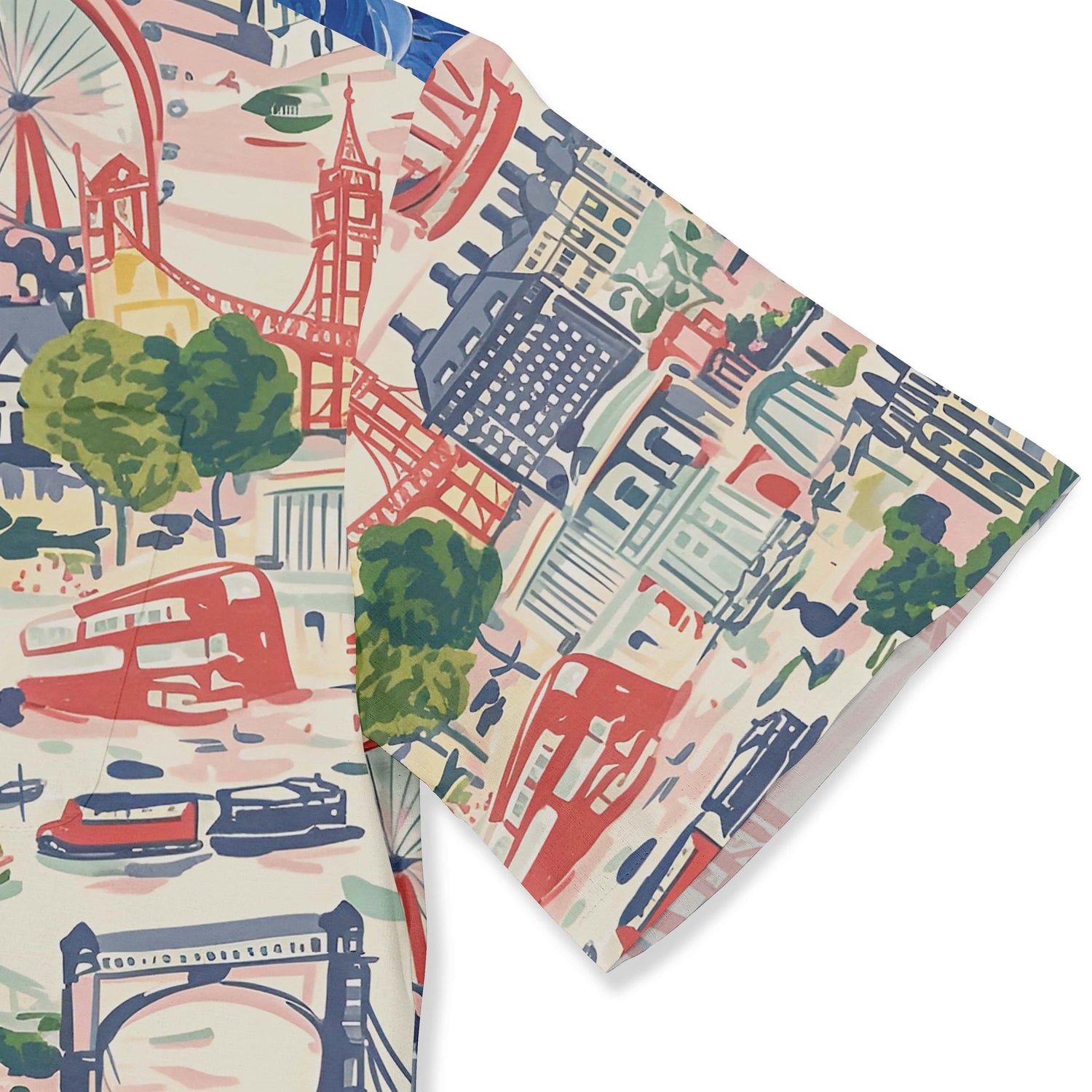 Colorful cityscape fabric with landmarks and vehicles.