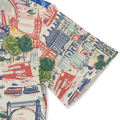 Colorful cityscape fabric with landmarks and vehicles.
